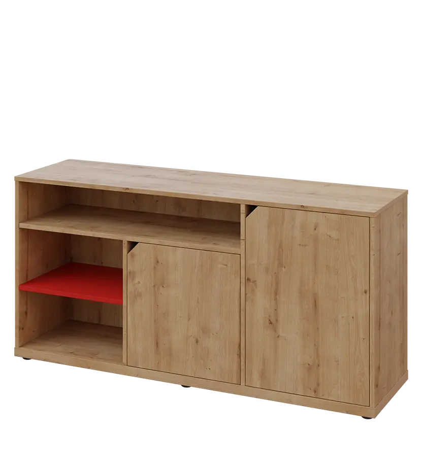 KU2-15DN3 P skříňka nízká 2-dveřová, nika, 740x1522x400, provedení pravé, korpus a dvířka dub lite/police červená